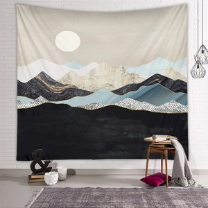 Detail view of abstract mountain tapestry with marble textures and gold lines
