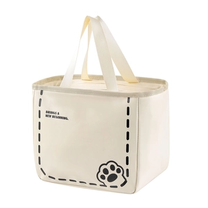 Minimalist off-white insulated lunch bag with double handles and black cat paw print