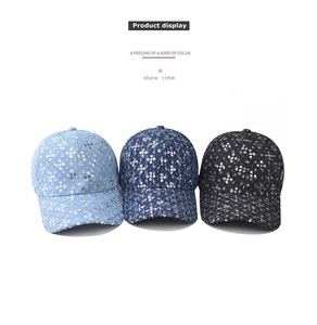 Detail view showing sequined denim baseball caps in blue and black with reflective sequins