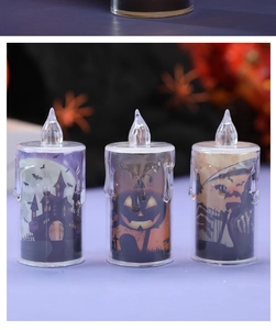 Detailed view of Halloween LED candles with haunted castle, pumpkin, and reaper graphics