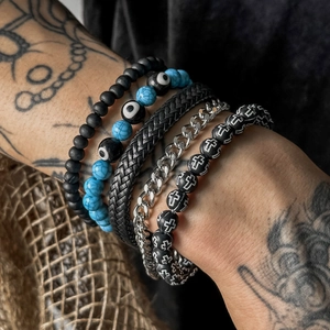 Men's hip-hop stacked bracelet set with turquoise beads, leather and evil eye charm