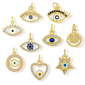 18K gold-plated evil eye and smiley charms set with zircon and enamel inlays