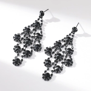 Elegant black rhinestone fringe chandelier drop earrings for women with a long tassel design