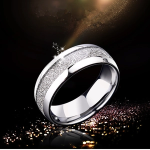 Polished silver stainless steel ring with meteorite texture on a stardust background