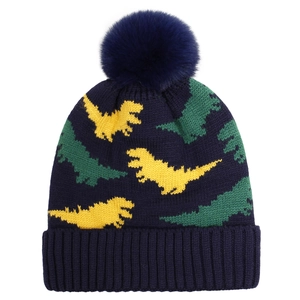 Kids Knitted Beanie Hat Dinosaur Pattern Winter Warm Fleece Lined With Pom Pom For Toddler Baby Boys Girls