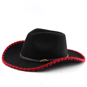Classic black felt fedora with red stitched brim and bull head buckle decoration