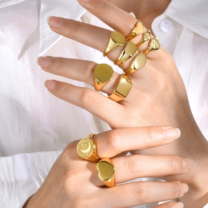 Stainless Steel Signet Ring Gold Plated High Polished Geometric Round Oval Heart Shape Plain Band Jewelry For Women Men