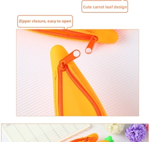 Close-up of the smooth zipper closure and green leaf detail on the carrot silicone pencil case
