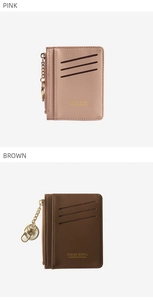 Detail view of pink and brown PU leather card holders with three card slots and zipper