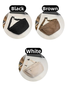Detailed views of corduroy crossbody bags in black, brown, and white with adjustable straps