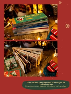 Detail showing 30 sheets of Christmas stickers with Santa and tree motifs on wooden table