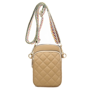 Khaki quilted crossbody phone bag with geometric pattern wide strap in nylon fabric