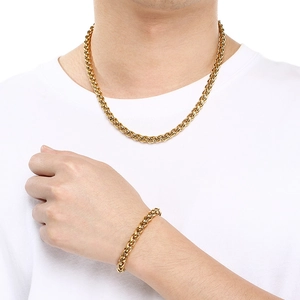 Ensemble collier et bracelet à chaîne tressée dorée en acier inoxydable poli tendance