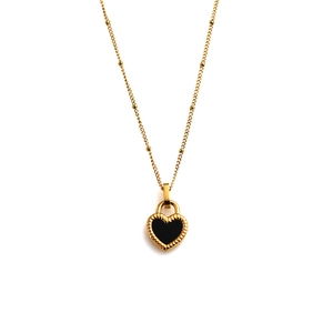 Elegant 18K gold-plated heart necklace with black enamel inlay and beaded chain for women