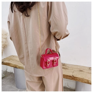 Close-up of pink jelly Cambridge bag with gold chain strap on a wooden bench
