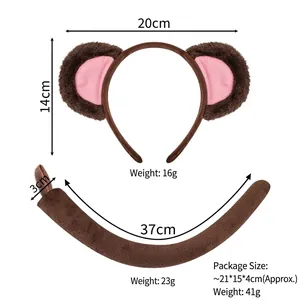 Detailed size chart for brown plush monkey ear headband and long tail costume set
