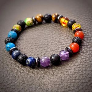 Seven chakra elastic bracelet with natural lava stone and colorful mineral beads on leather