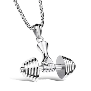 Polished silver dumbbell pendant necklace with hand grip design and box chain for men