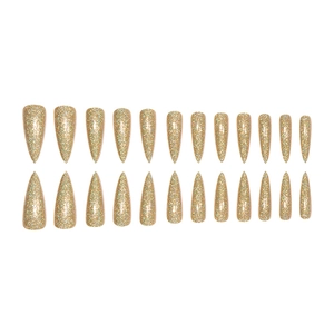 Detailed set of 24 long stiletto false nails featuring golden glitter laser finish