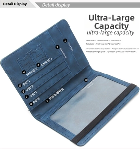 Detail view of blue travel wallet featuring multiple card slots and passport compartments