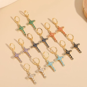 14K gold plated hoop earrings with colorful zircon cross charms in 7 assorted colors