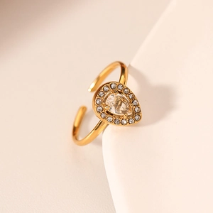 Anello regolabile in acciaio inossidabile placcato oro 18K con zircone bianco a goccia
