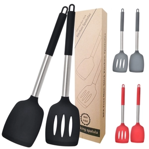 Kitchen Spatulas Silicone Stainless Steel 430 Heat Resistant Non-Stick Cooking Utensils Slotted Solid Flippers Ergonomic Handle