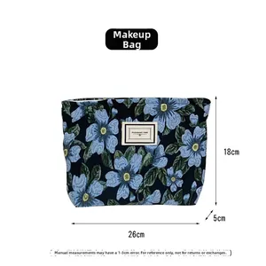 Detailed size chart for blue floral jacquard cosmetic bag with pleasant time logo