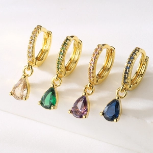 Exquisite 18K gold-plated teardrop zircon earrings in green, purple, blue, and white