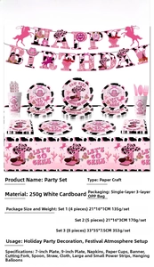 Pink cowgirl party plates, cups, and napkins with cowboy theme and cow print patterns