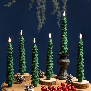 Christmas tree LED candles with natural wood bases and pine cone festive decor