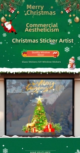 Detail of UV printed Christmas window stickers with Merry Christmas deer and tree motifs