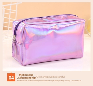 Detail of waterproof laser holographic purple makeup bag with reinforced stitching and zipper