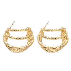 Minimalist gold multi-layer C-shaped geometric earrings with textured metallic finish