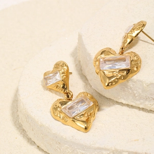 Elegant 18K gold plated stainless steel heart earrings with square zircon details