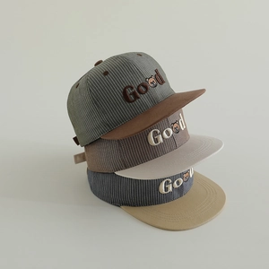 Kids flat brim striped baseball caps with teddy bear and Good embroidery set