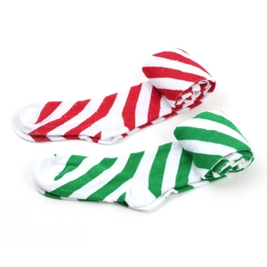 Detailed close-up of knit texture on red and green striped over-knee Christmas stockings