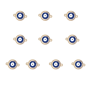 Detailed grid view of 10 gold-plated evil eye charms with blue enamel and crystal accents