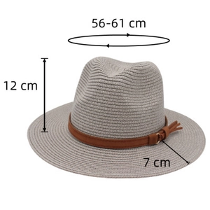 Gray Panama Fedora hat with brown leather belt and detailed size measurements: 56-61 cm