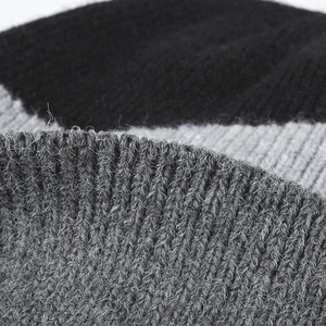 Winter ribbed knit beanie for men and women with grey and black patchwork design