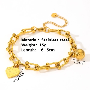 Bracelet à maillons en U plaqué or 18k en acier inoxydable avec cadenas cœur et perles