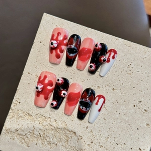 Gothic Halloween Press On Nails 3D Horror Eye Blood Drip Pink Black Dark Style Hand Painted Removable Fake Nails For Women