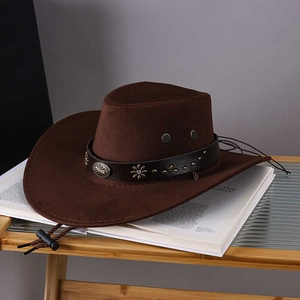 Retro American western cowboy hat in dark brown suede with decorative leather strap