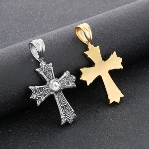 Pendentif croix gothique punk en acier inoxydable avec cristal de cœur, argent et or