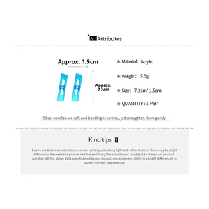Detailed view of blue acrylic rectangle earrings with dimensions 7.2cm by 1.5cm