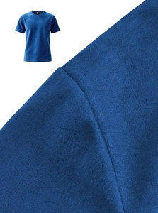 Macro detail showing high-quality knitted fabric texture of blue men's crewneck t-shirt