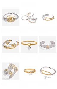 Detailed grid of 18K gold and silver plated stainless steel minimalist cuff bracelets