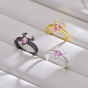 Deer antler open rings with pink pear-shaped gemstones in gold silver and black finishes
