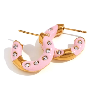 Pink enamel donut hoop earrings in 18K gold plated steel with sparkling crystals