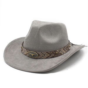 Detail of grey suede cowboy hat featuring woven band and vintage bull head metal buckle
